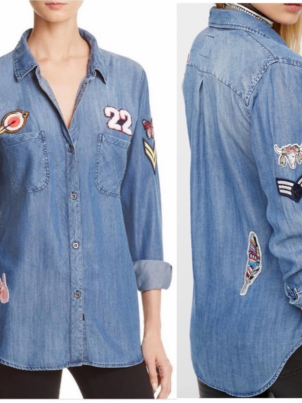 Rails Chambray Carter Patchwork Dark Vintage Button Up Denim Shirt Feather Peace